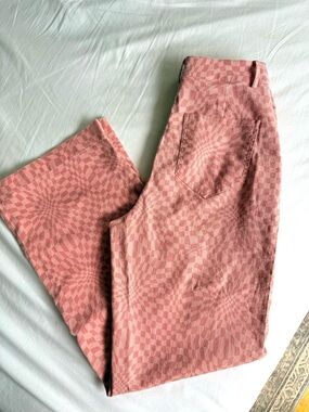 Pink Checkerboard Swirl High-Waist Pants